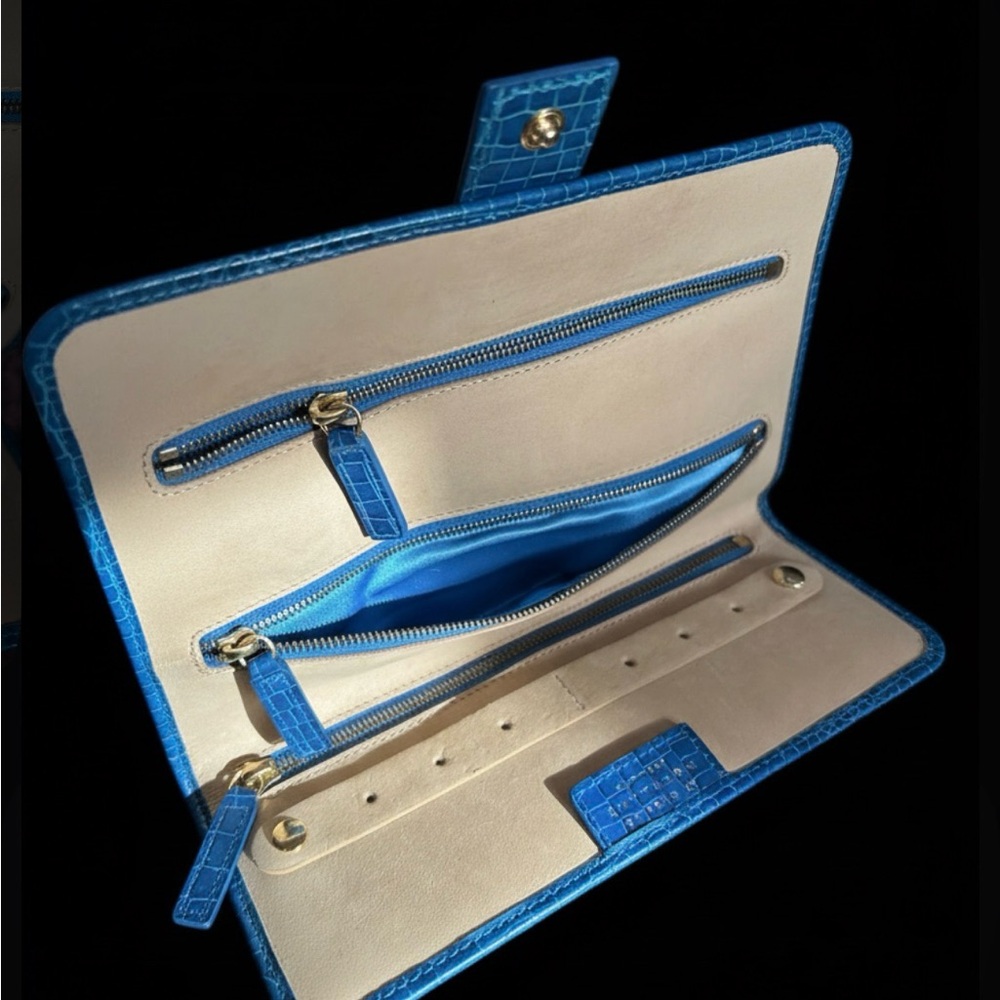 Smythson Turquoise Croc Embossed Jewelry Roll Travel Pouch Case Folio Clutch - Picture 4 of 10